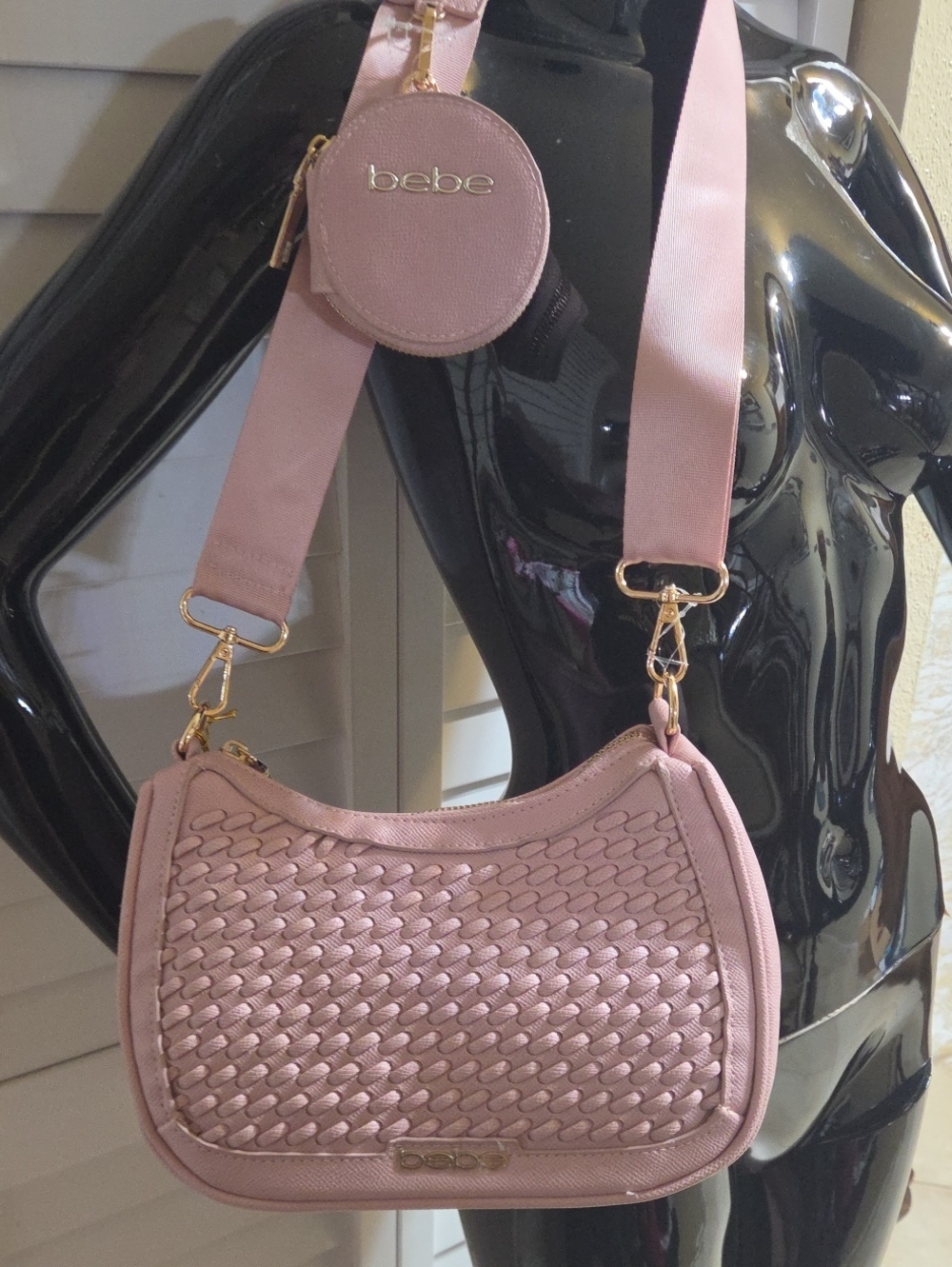 NWT bebe Blush Pink Woven Crossbody with Detachable Coin Pouch